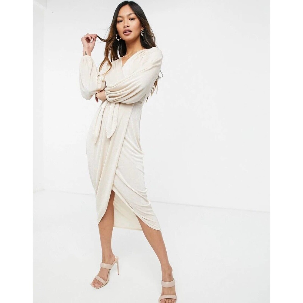 NWT Closet London Womens Wrap Tie Dress Size 2 V Neck Stone Neutral Long Sleeves